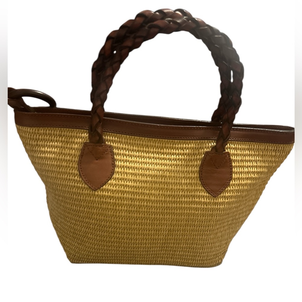 Dillard's VTG Brown Fiber & Brown Genuine Leather Trim Hand Bag Tote Purse Italy
